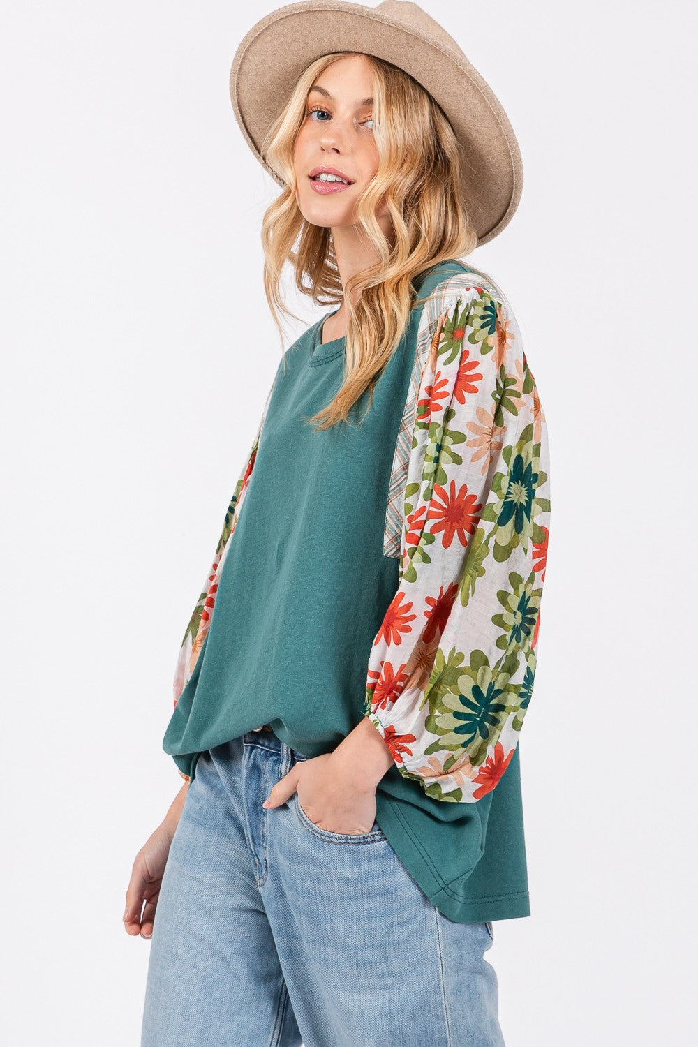 SAGE + FIG Teal Printed Balloon Sleeve Contrast Top Trendsi