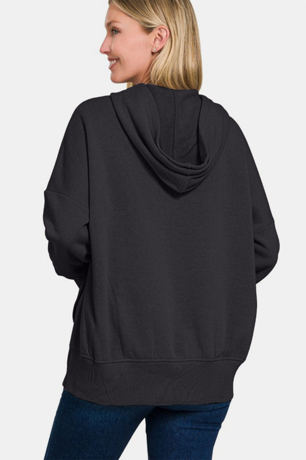 Zenana Black Half Snap Long Sleeve Hoodie with Kangaroo Pocket Shirts & Tops