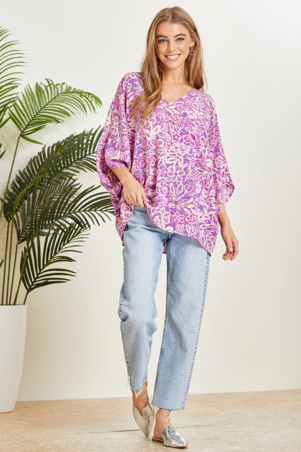 Emily Wonder Floral Printed Poncho Woven Top in Orchid Ave Shops