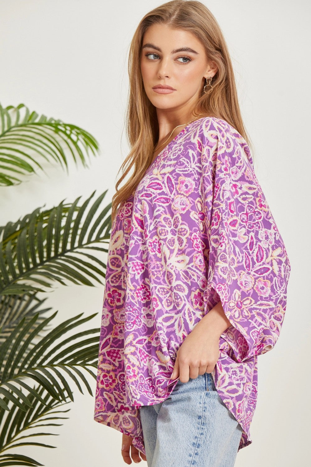 Emily Wonder Floral Printed Poncho Woven Top in Orchid Ave Shops