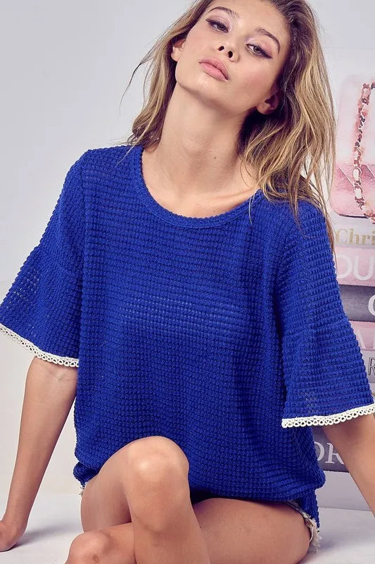 BiBi Royal Blue Popcorn Waffle Knit Top with Pompom Lace