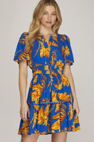 She + Sky Royal Blue Printed Notched Short Sleeve Frill Tiered Dress Plus Size Royal Blue