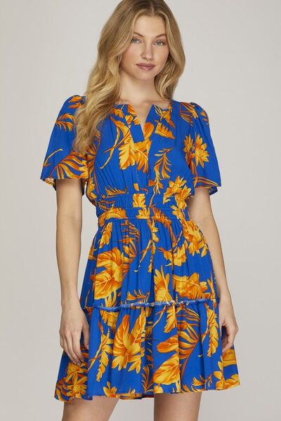 She + Sky Royal Blue Printed Notched Short Sleeve Frill Tiered Dress Plus Size Royal Blue