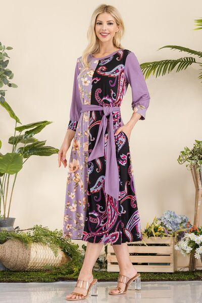 Celeste Pink & Purple Paisley And Floral Contrast Tent Midi Dress