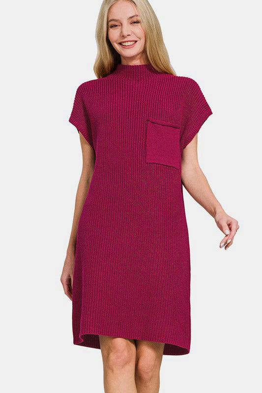 Zenana Cabernet Mock Neck Short Sleeve Sweater Dress Cabernet