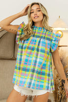 BiBi Blue and Yellow Multi Color Check Plaid Woven Blouse