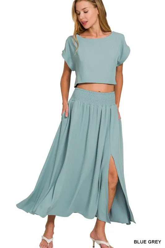 Zenana Blue Gray Heavy Woven Span Crop Tee & Skirt Set BLUE GREY