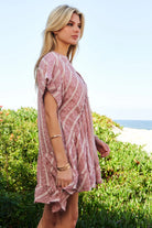 Davi & Dani Embroidery V Neck Short Sleeve Ruffled French Mauve Mini Dress