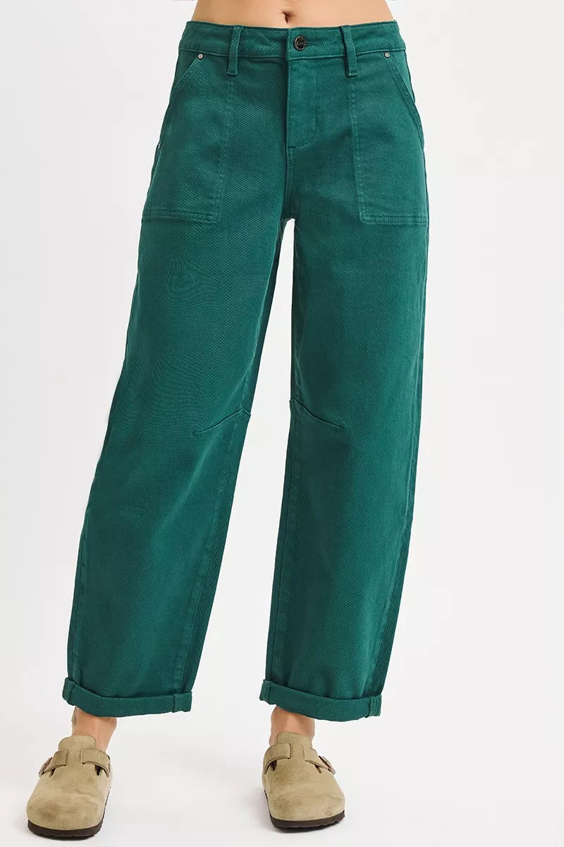RISEN Hunter Green High Rise Ankle Cuffed Barrel Pants