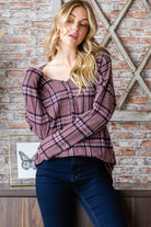 Heimish Mauve Plaid V-Neck Long Sleeve Top Trendsi