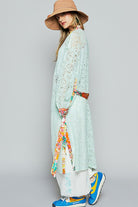 POL Pale Mint Floral Trim Lace Open Front Longline Cardigan