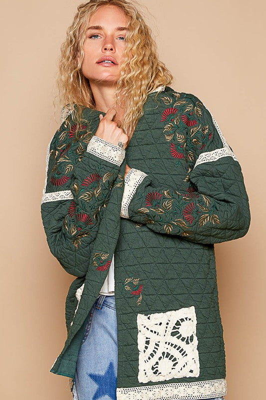 POL Embroidered Open Front Quilted Hooded Jacket with Crochet Pockets in Dark Green Coats & Jackets