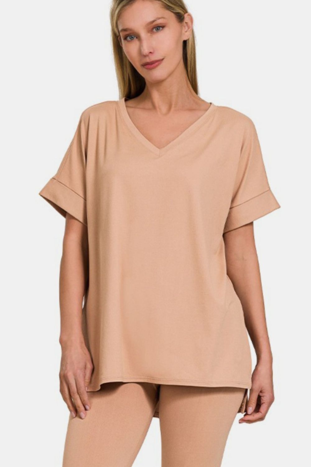 Zenana Brush V-Neck Rolled Short Sleeve T-Shirt and Leggings Lounge Set Trendsi