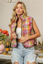 BiBi Stained Glass Quilted Washed Plaid Snap Down Vest Stained Glass Trendsi