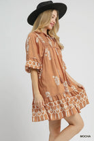 Umgee Border Print Tassel Tie Neck Mini Dress