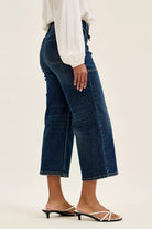 Judy Blue Dark Washed High Waist Wide Crop Utility Jeans with Patch Pocket