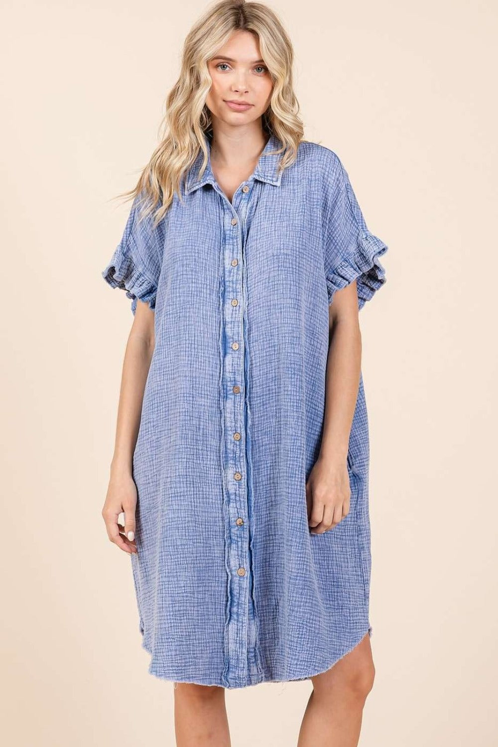 Mittoshop Blue Mineral Washed Cotton Gauze Mini Shirt Dress Trendsi