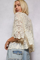 POL Floral Lace Short Sleeve Crochet Cardigan with Tassel Tie