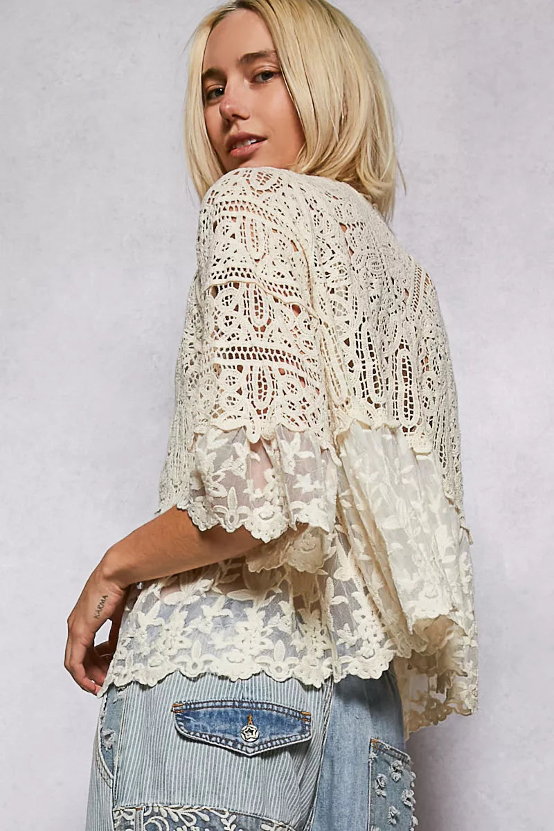 POL Floral Lace Short Sleeve Crochet Cardigan with Tassel Tie