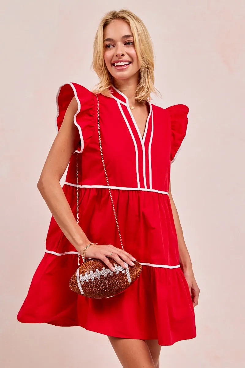 BiBi Red Game Day Theme Contrast Binding Ruffled Dress