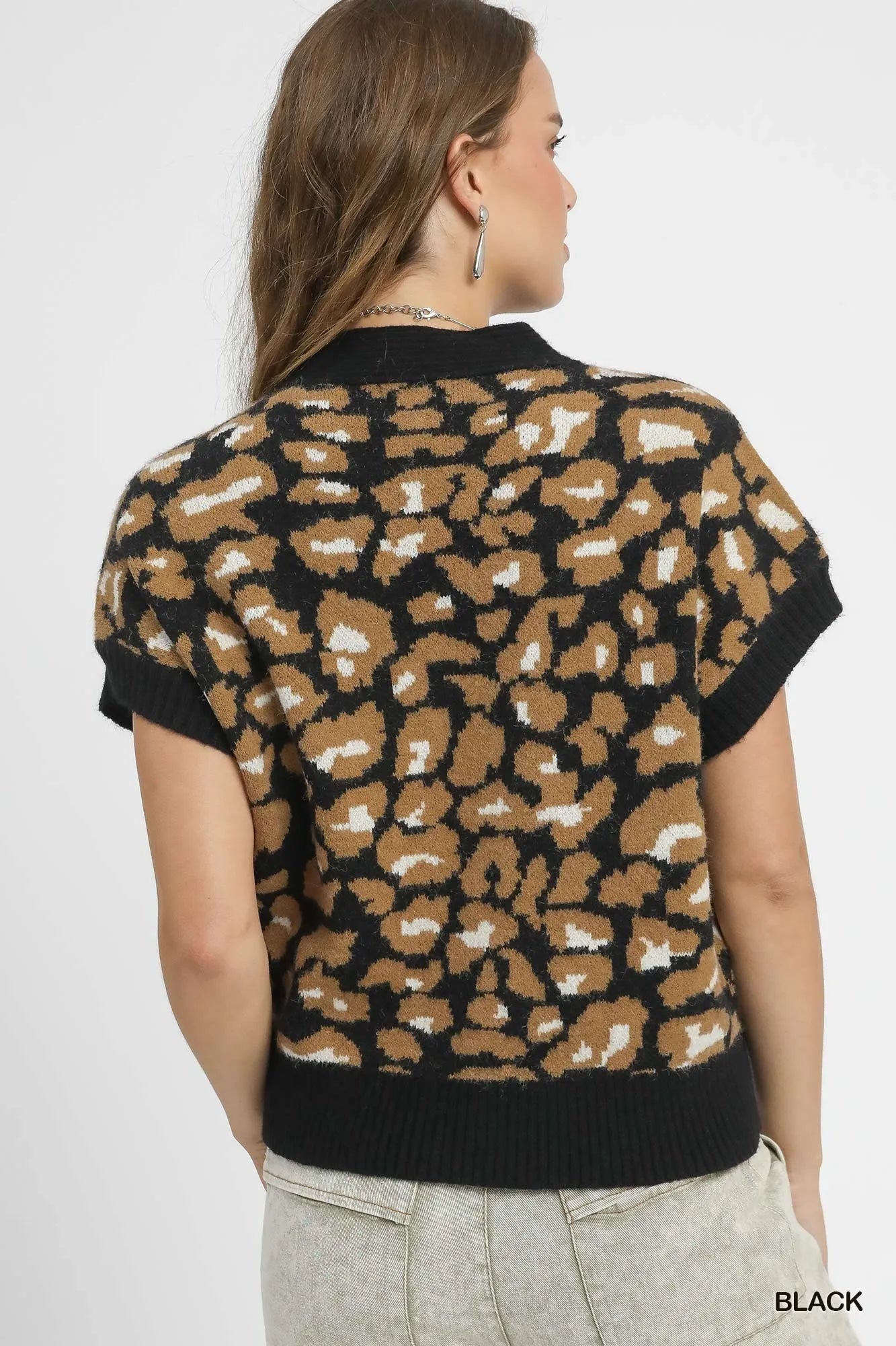 Umgee Black Leopard Button Down Short Sleeve Cardigan