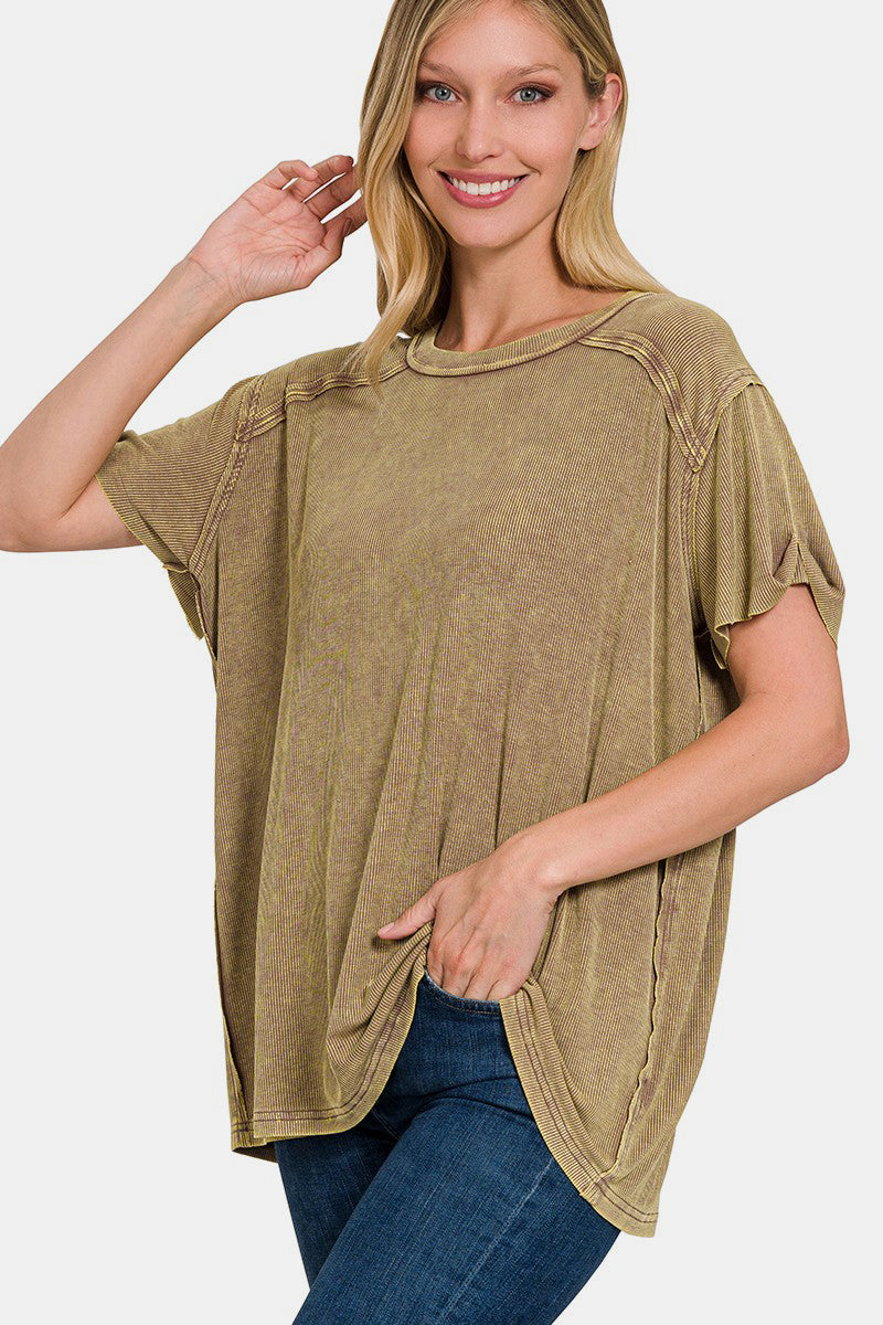 Zenana Mocha Washed Ribbed Short Sleeve Top Mocha Trendsi