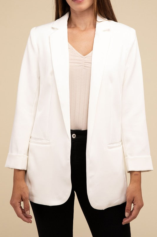 Zenana Woven Long Sleeve Open Front Classic Blazer IVORY ZENANA