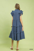 Umgee Denim Textured Ruffle Sleeve Tiered Midi Dress