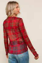 Haptics Red High Neck Line Plaid Mesh Semi Sheer Top