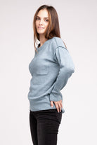 Zenana 9 Colors Melange Hi-Low Hem Round Neck Chest Pocket Sweater ZENANA