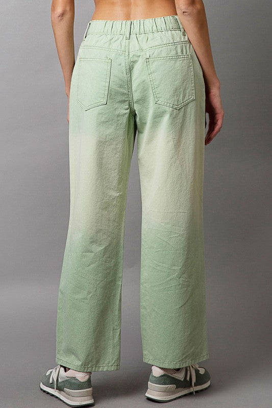 POL Light Green Front Embellishments Gradient Wide Leg Twill Pants Jeans