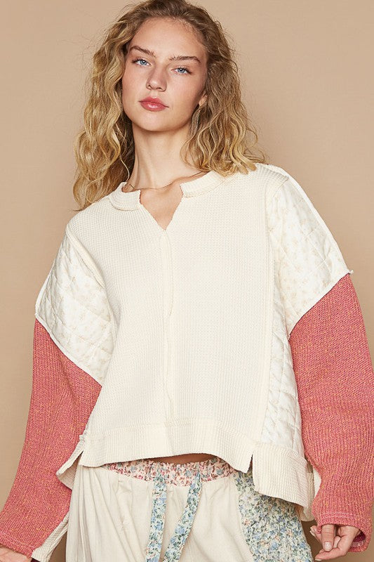 POL Cream Muli Waffle-Knit Contrast Notched Long Sleeve Knit Top Cream multicolor Shirts & Tops