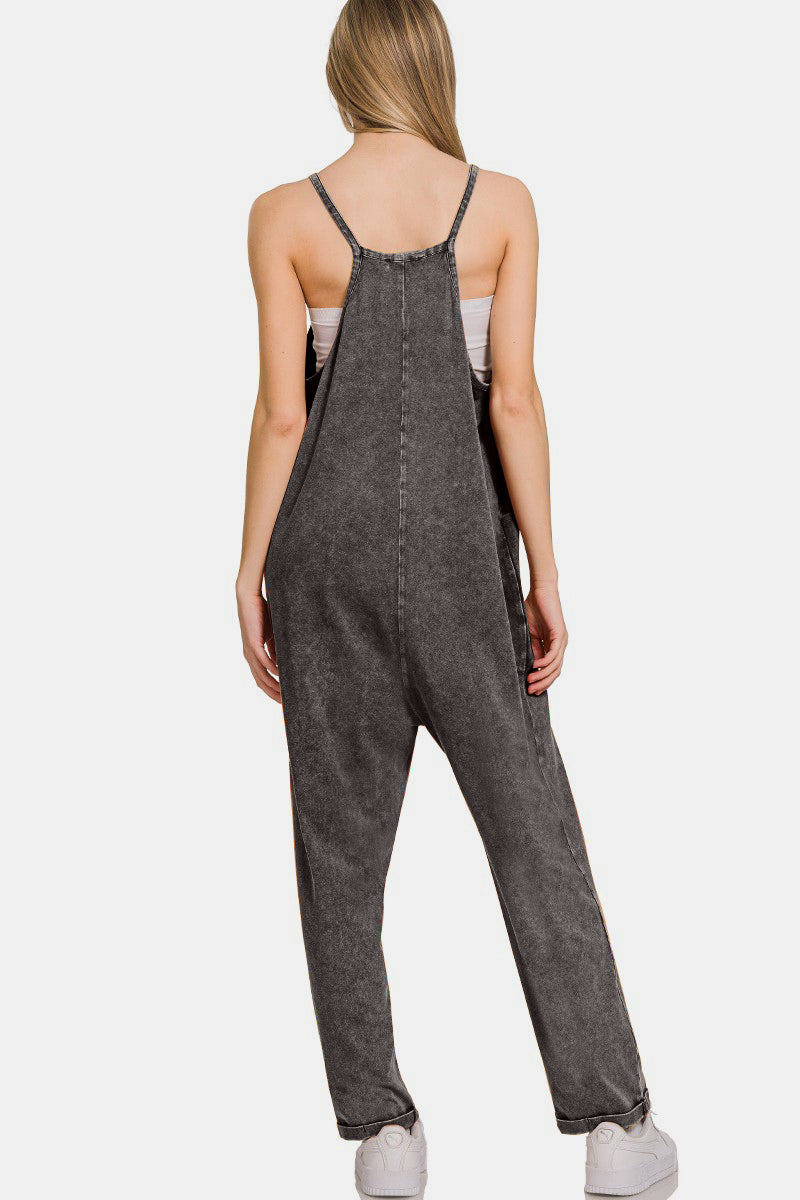 Zenana Ash Black Washed Spaghetti Straps Overalls with Pockets Trendsi