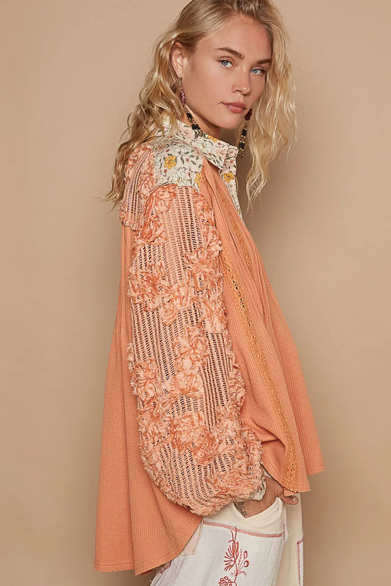 POL Vintage Washed Floral Half Button Lace Detail Balloon Sleeve Top