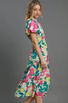 Umgee Mint Tiered Floral Print Notched Puff Sleeve Midi Dress