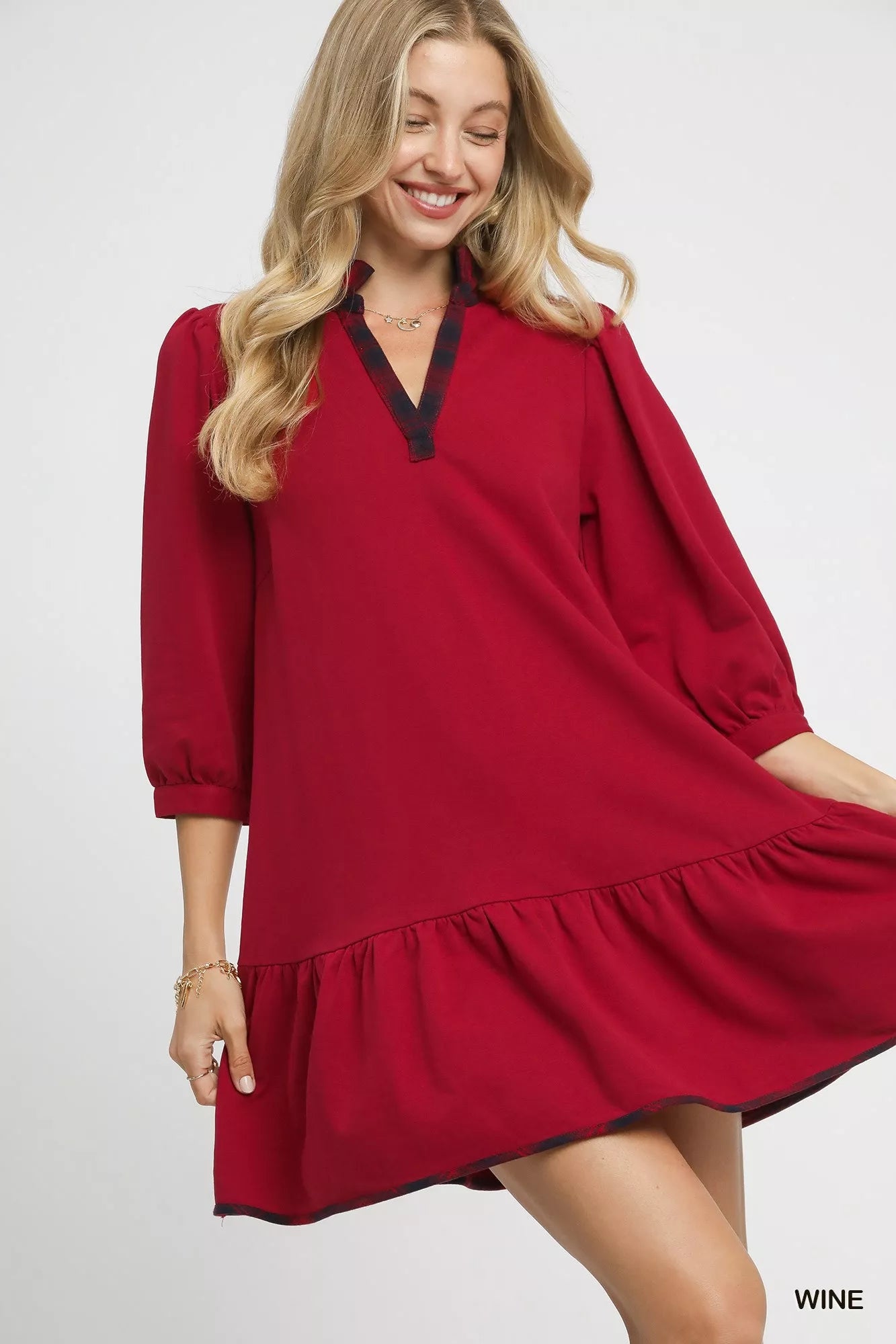 Umgee Wine French Terry Ruffle Hem Dress with Plaid Trim WINE