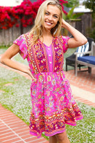 Haptics Find Romance Fuchsia Boho Floral Button V Neck Ruffle Dress Dresses