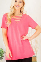 Heimish Hot Pink V-Neck Short Sleeve Top with Bar Detail