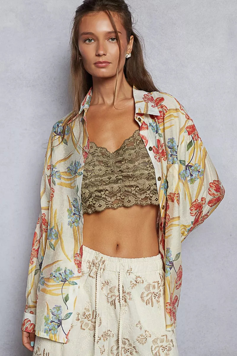 POL Floral Print Button Down Long Sleeve Shirt