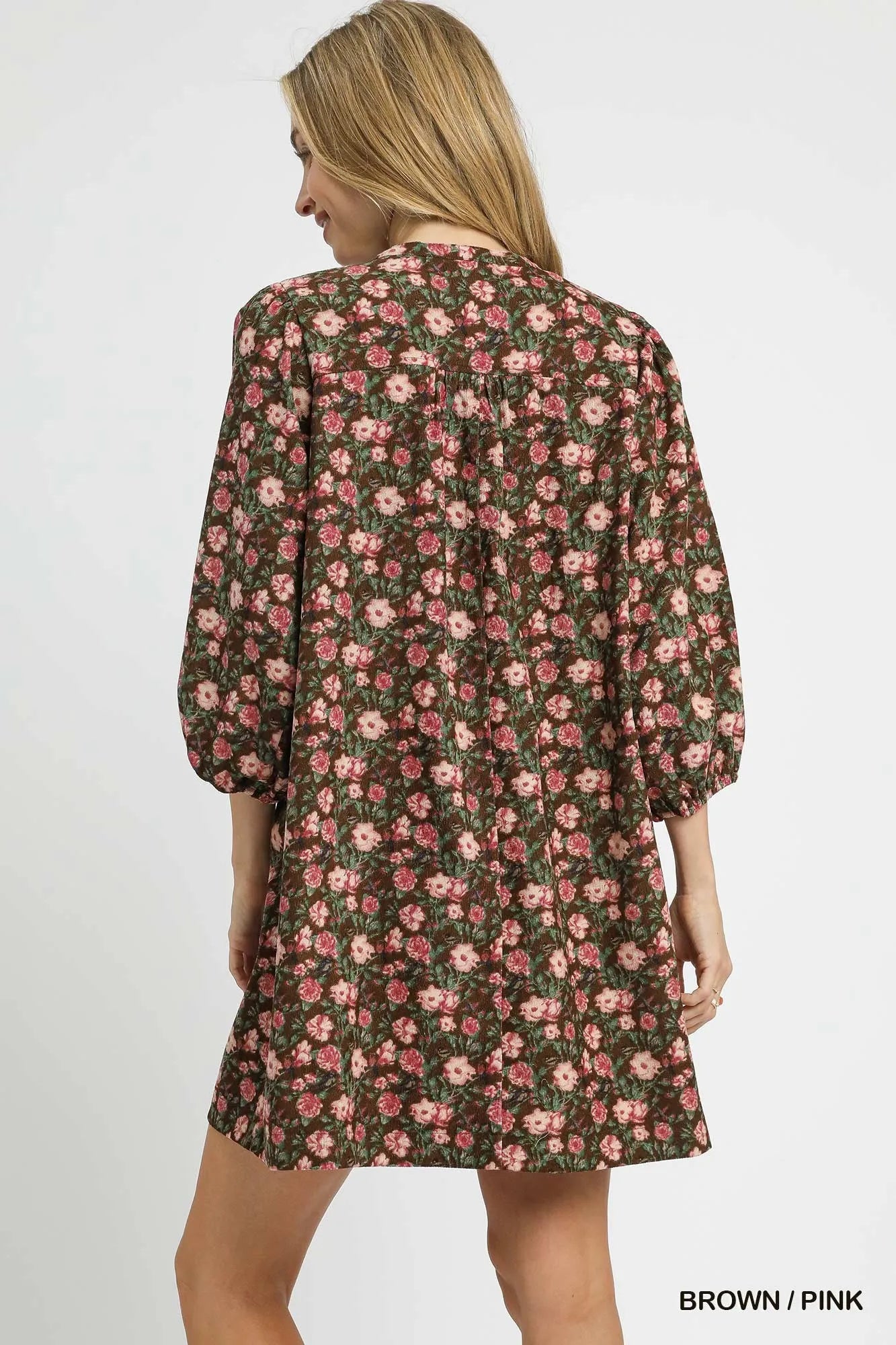 Umgee Brown & Pink Floral Tie-Neck Babydoll Dress