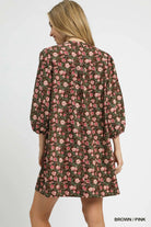 Umgee Brown & Pink Floral Tie-Neck Babydoll Dress