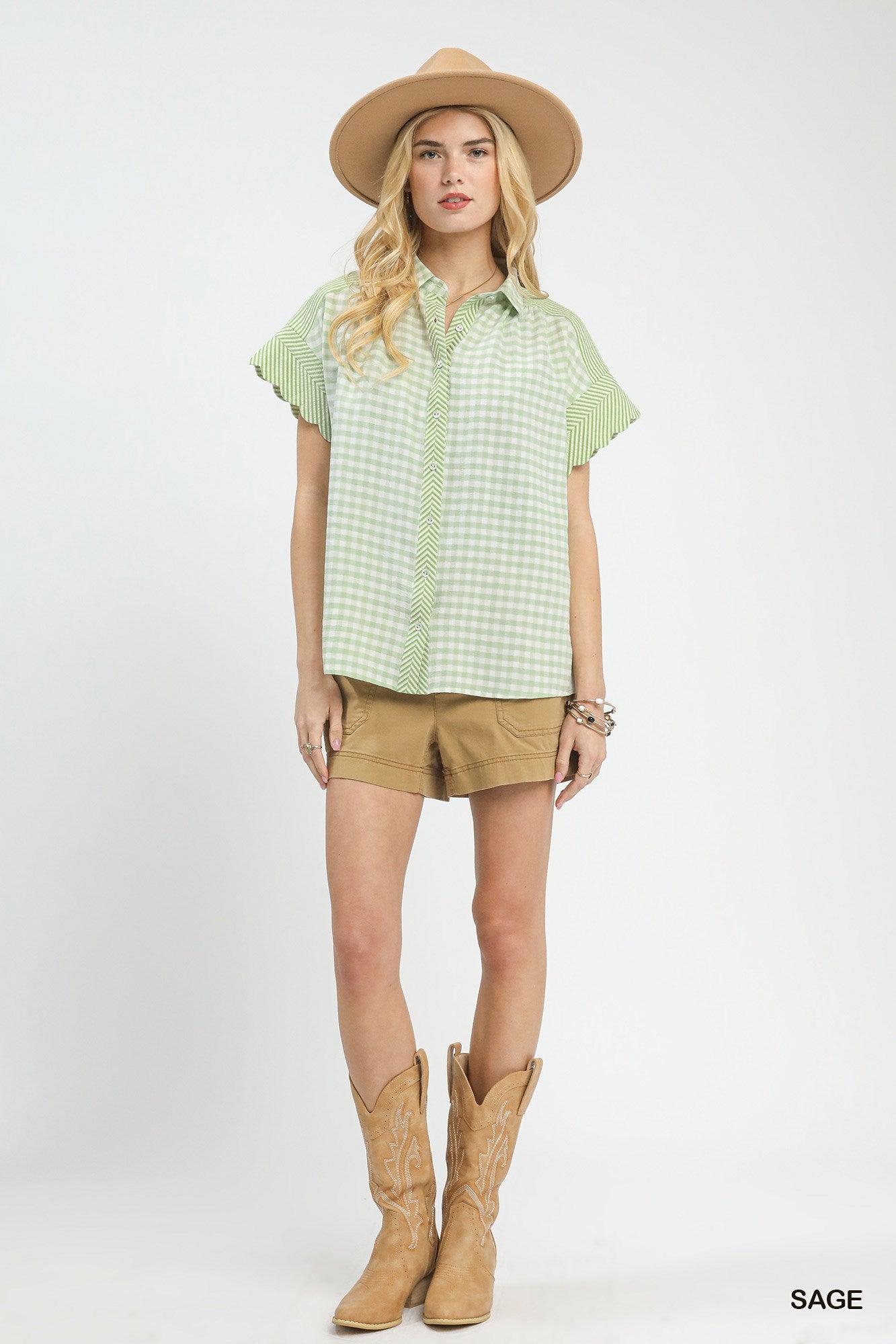 Umgee Sage Mixed Gingham Short Sleeve Shirt