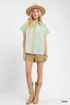 Umgee Sage Mixed Gingham Short Sleeve Shirt