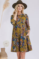 Celeste Olive Paisley Print Round Neck Dress with Pockets Trendsi