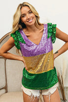 BiBi Mardi Gras Sequin Color Block Ruffled Top