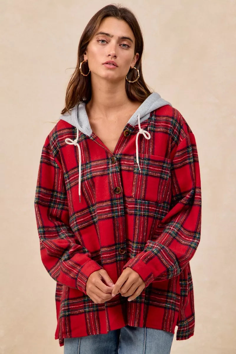 BiBi Brushed Plaid Hooded Jacket RED PLAID