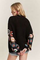 ADORA Black Contrast Crochet Open Front Long Sleeve Cardigan