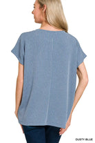 Zenana Dusty Blue Raised Rib Front Pocket Boxy Top