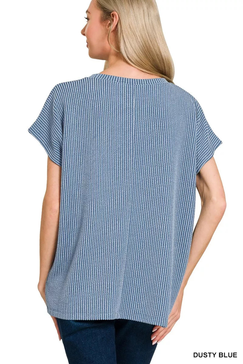 Zenana Dusty Blue Raised Rib Front Pocket Boxy Top