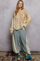 POL Almond Embroidery Button Down Long Sleeve Bohemian Washed Shirt